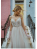 Spaghetti Straps Ivory Lace Tulle Blush Lining Romantic Wedding Dress